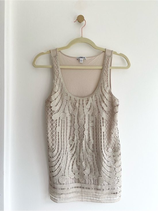 Express Tops - Express Beige Metallic Crochet Lace Overlay Tank Top | Women’s Small